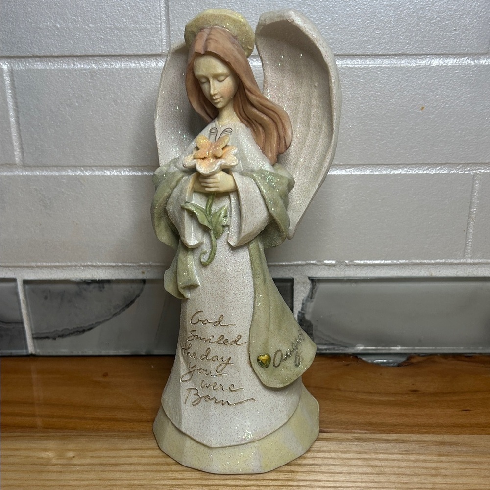 August Enesco Group Angel Figurine with Flowers and green gem
